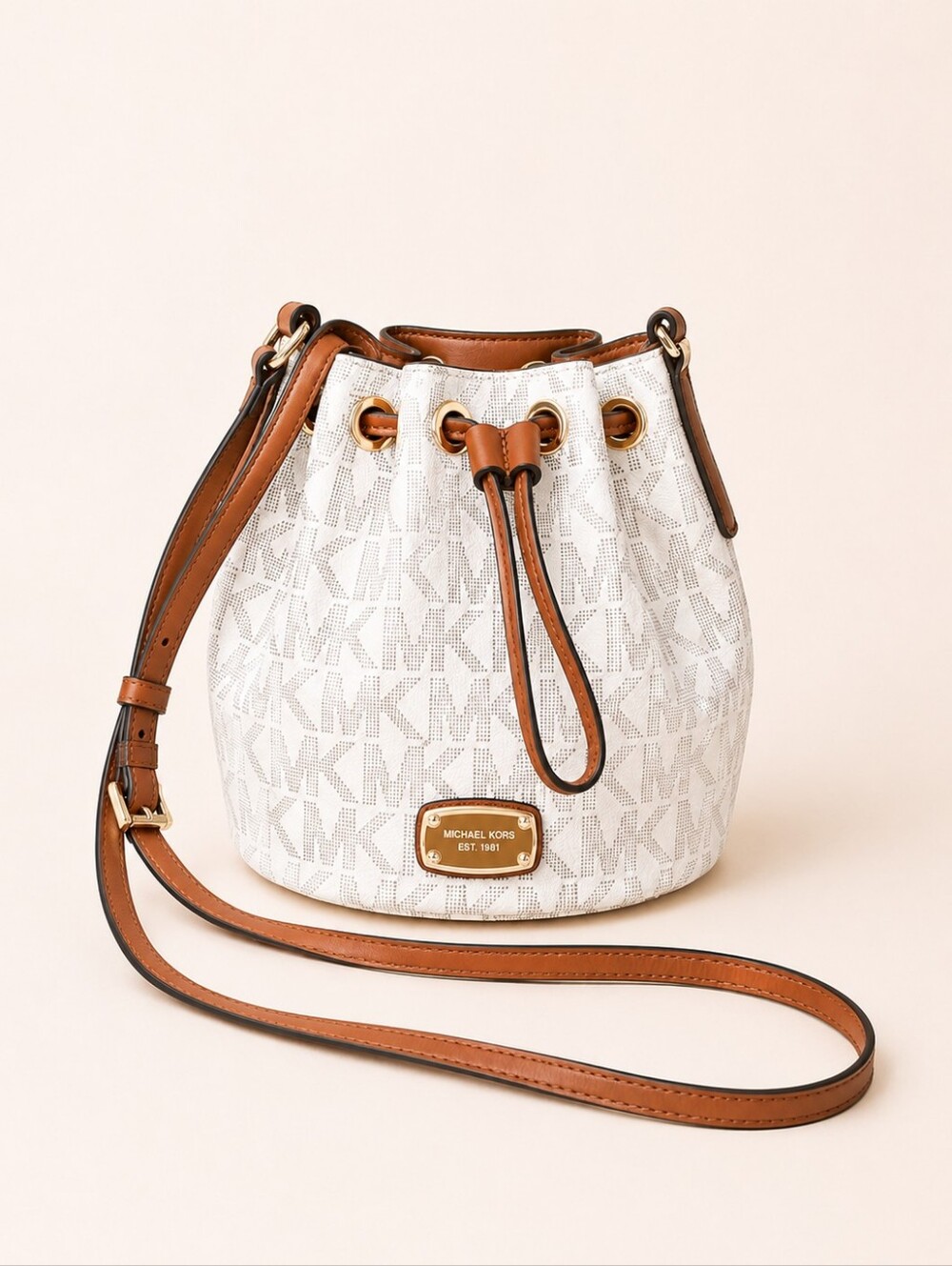 Michael Kors Vanilla Small MK Logo Canvas Fulton Drawstring Crossbody Bucket Bag